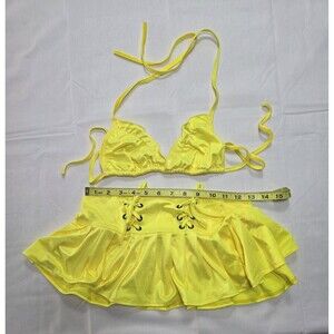 Neon Yellow Body Zone Women's Holographic Pleated Mini Skirt and Bikini Top Sz S